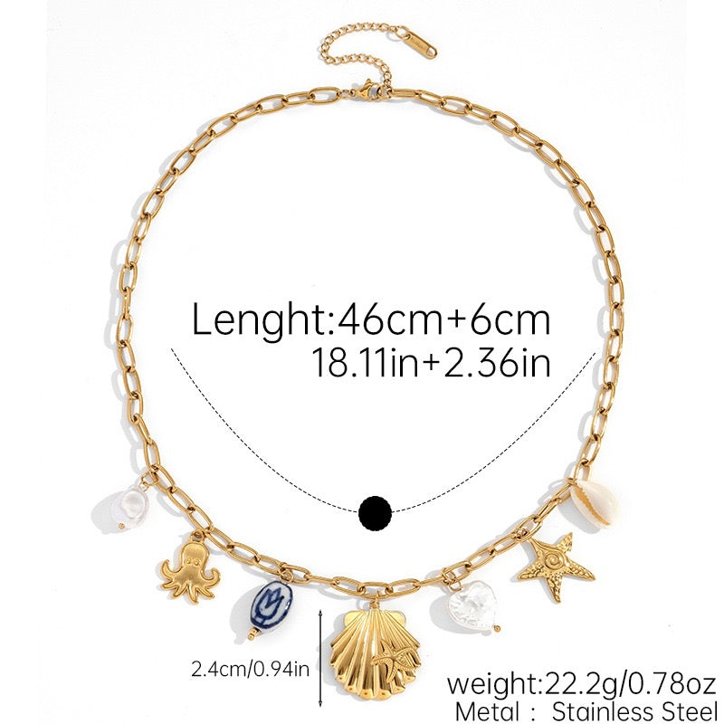 Blue shell octopus charm necklace