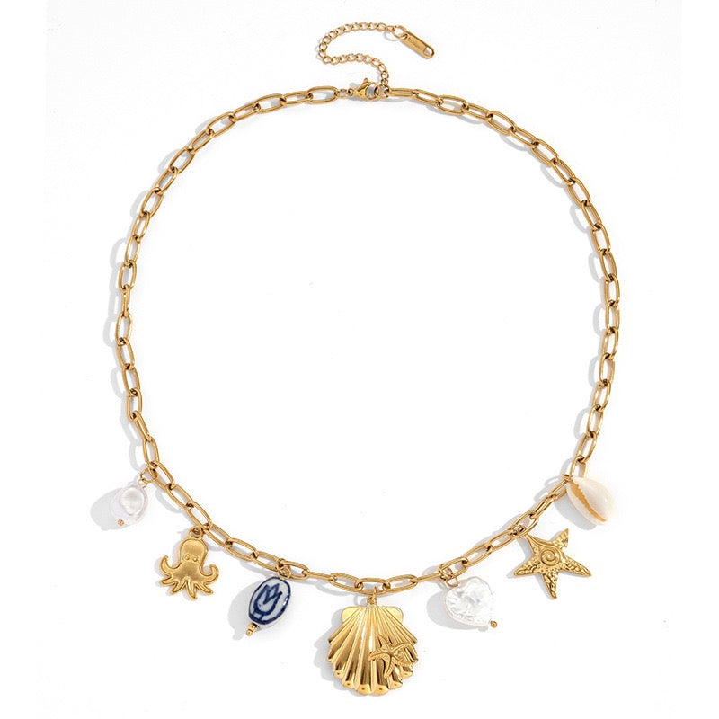 Blue shell octopus charm necklace