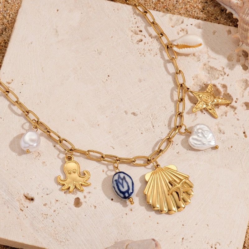 Blue shell octopus charm necklace