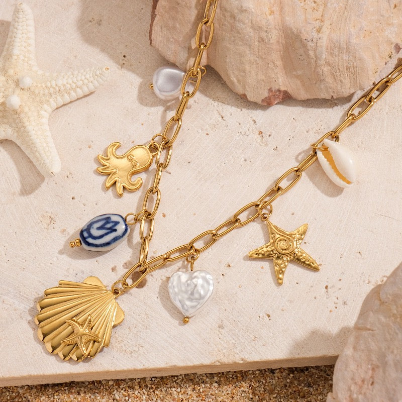 Blue shell octopus charm necklace