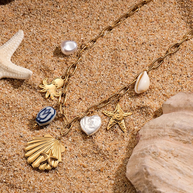 Blue shell octopus charm necklace
