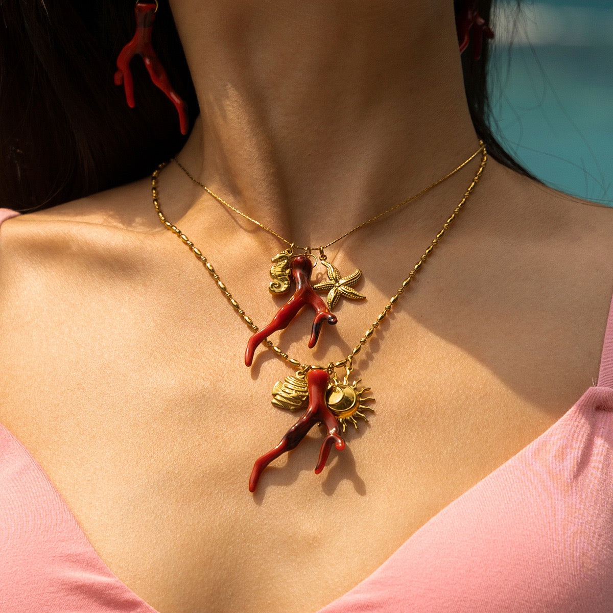 Red coral pendant necklace