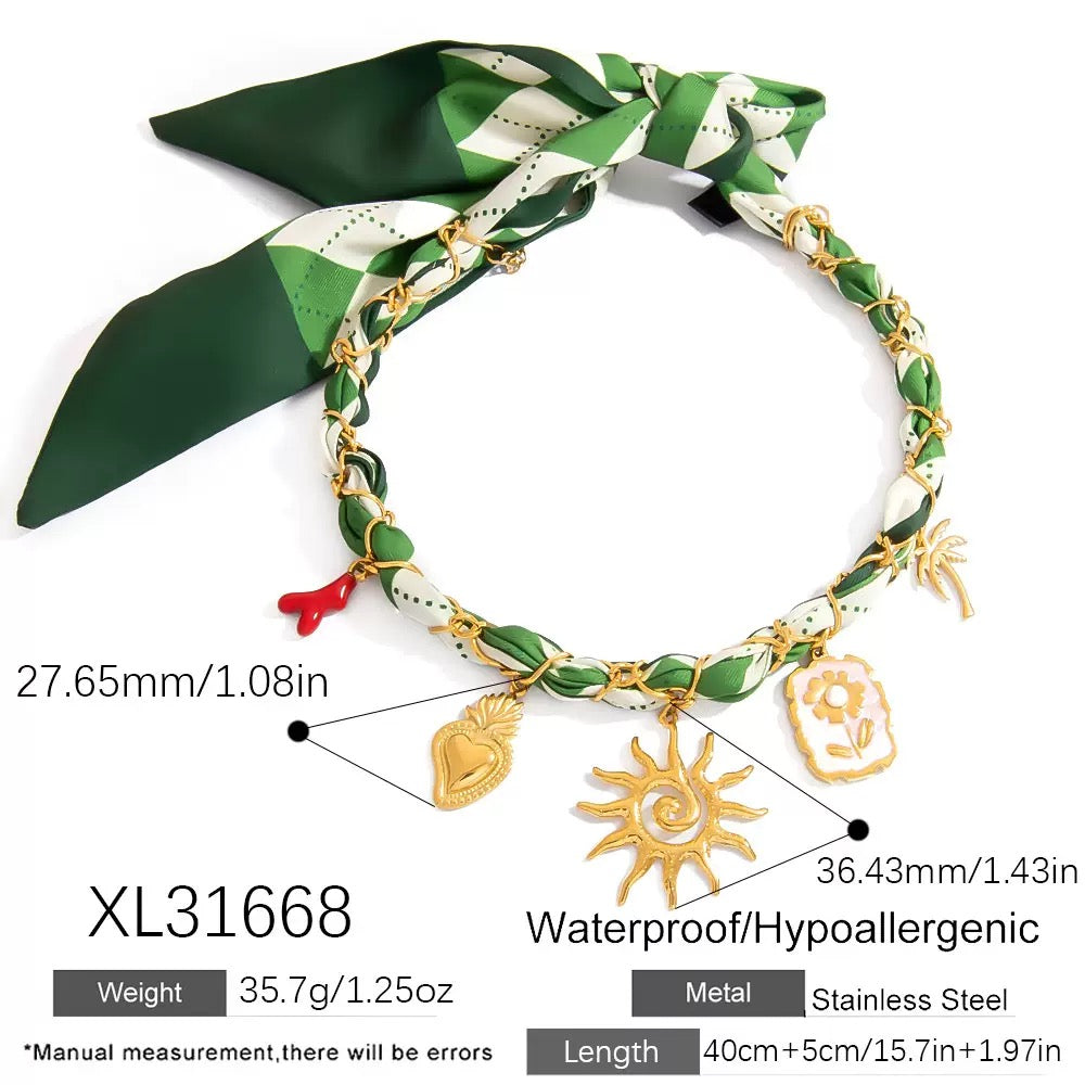 Green scarf sun charm necklace