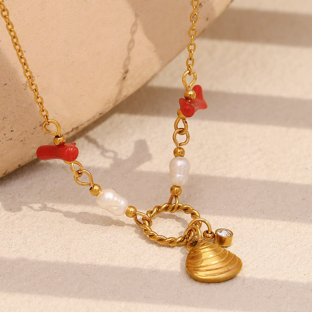 Red coral mini shell necklace