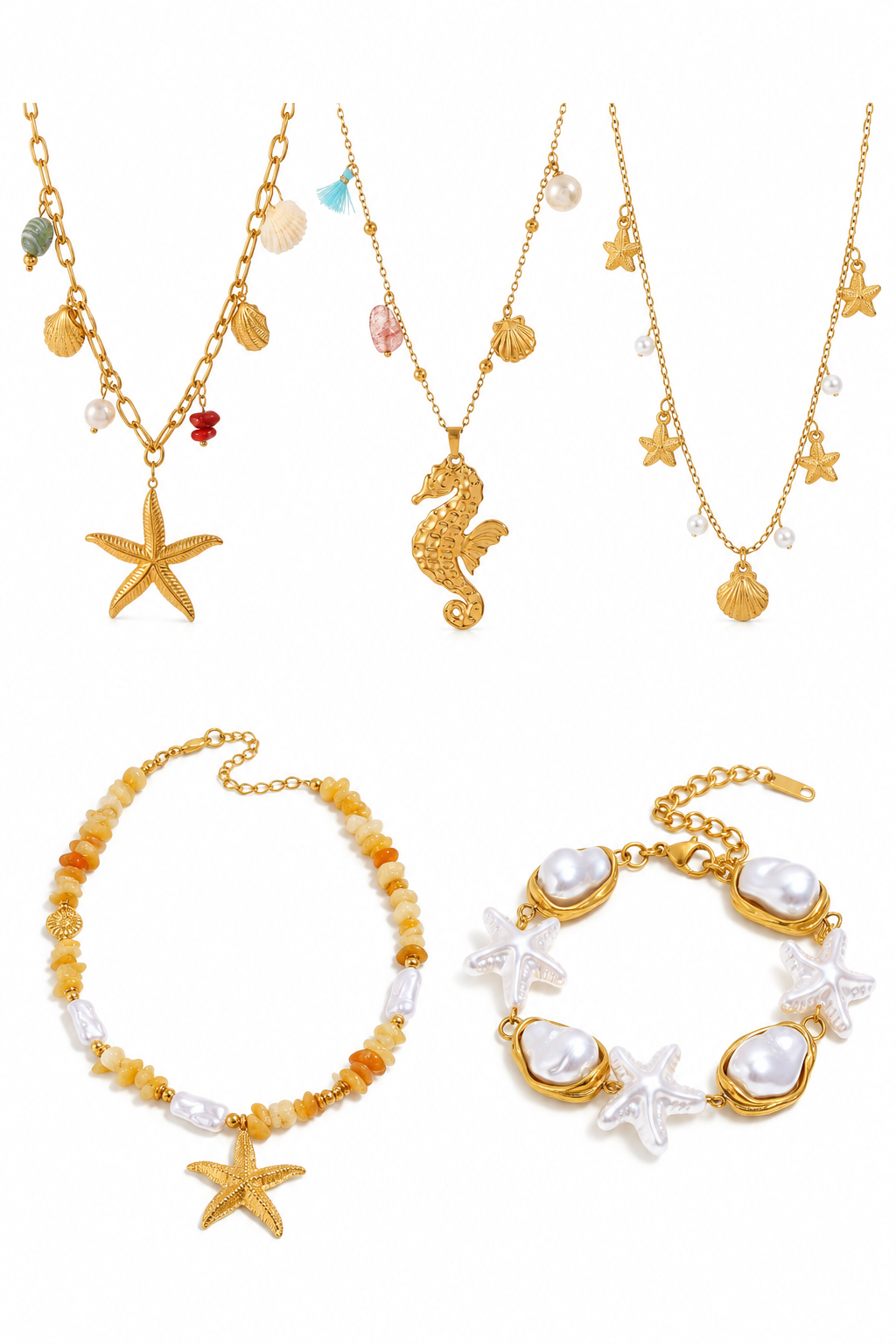 Dangling charm starfish shell pearly necklace