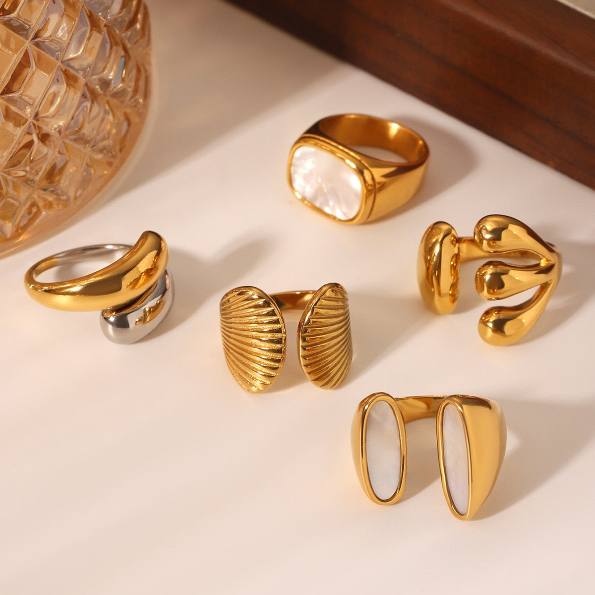 White mother of pearl statement rings