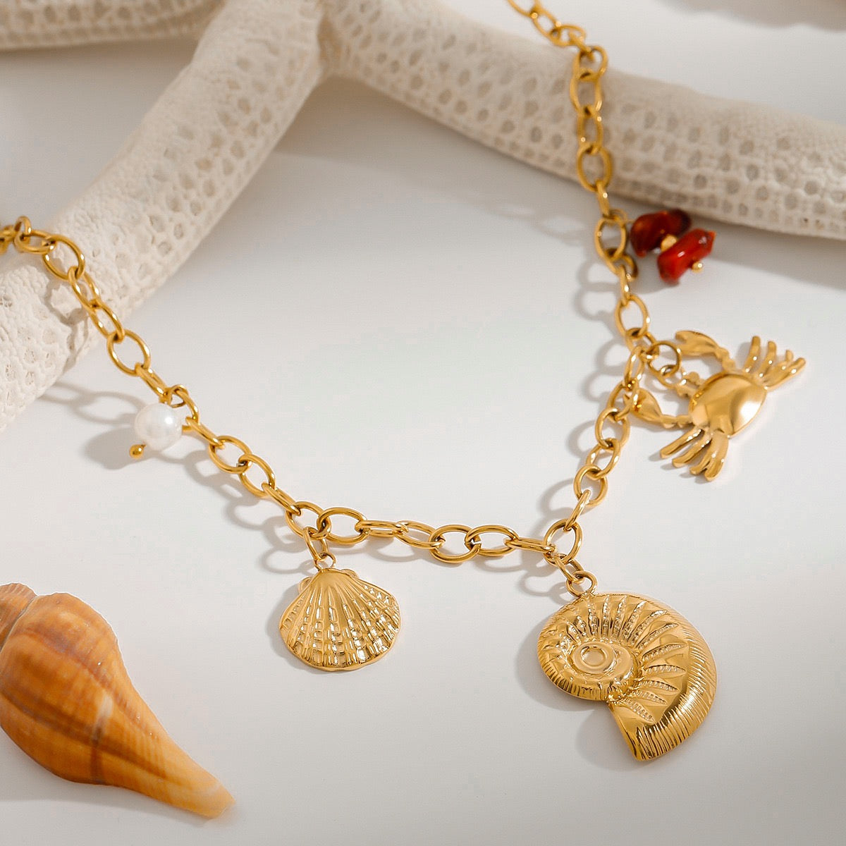 Red coral shell charm set