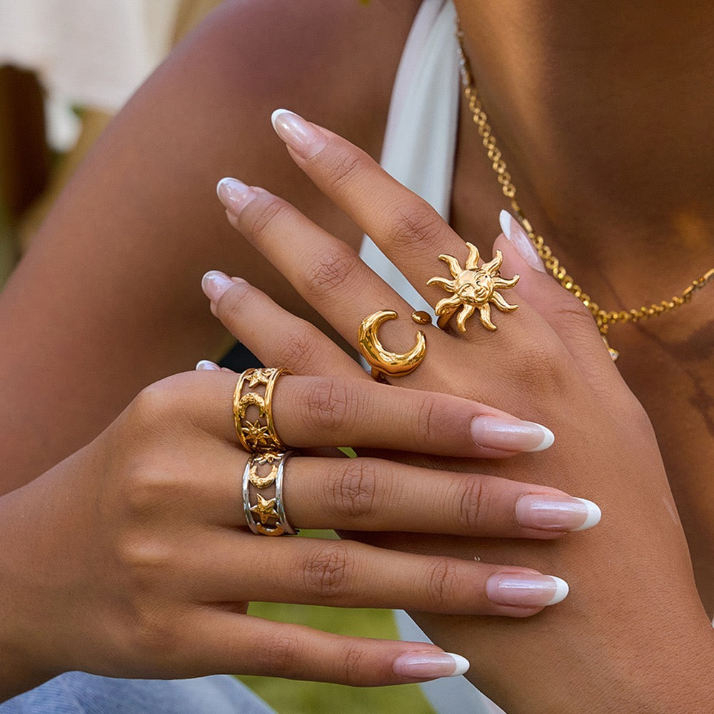 Moon and sun band rings