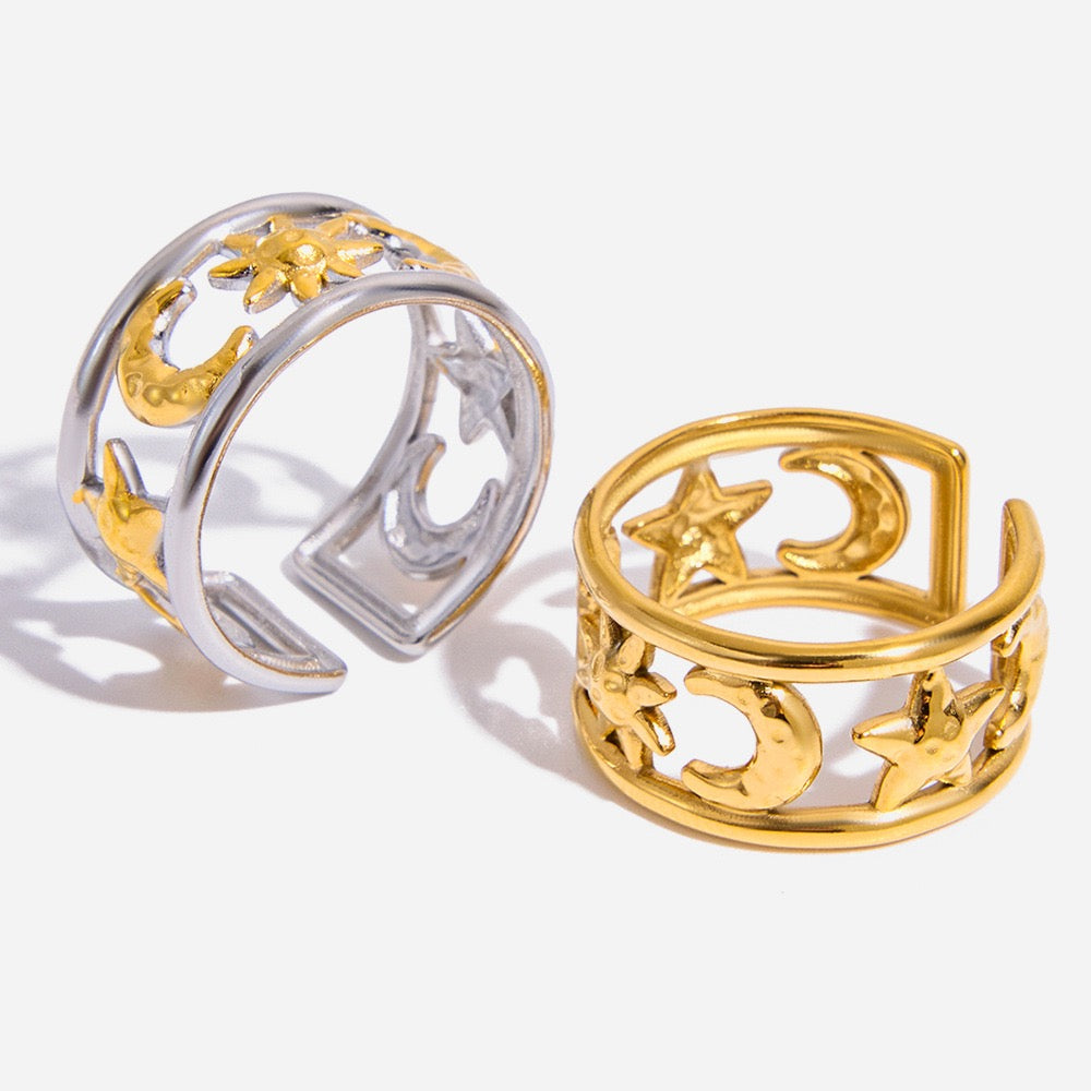 Moon and sun band rings