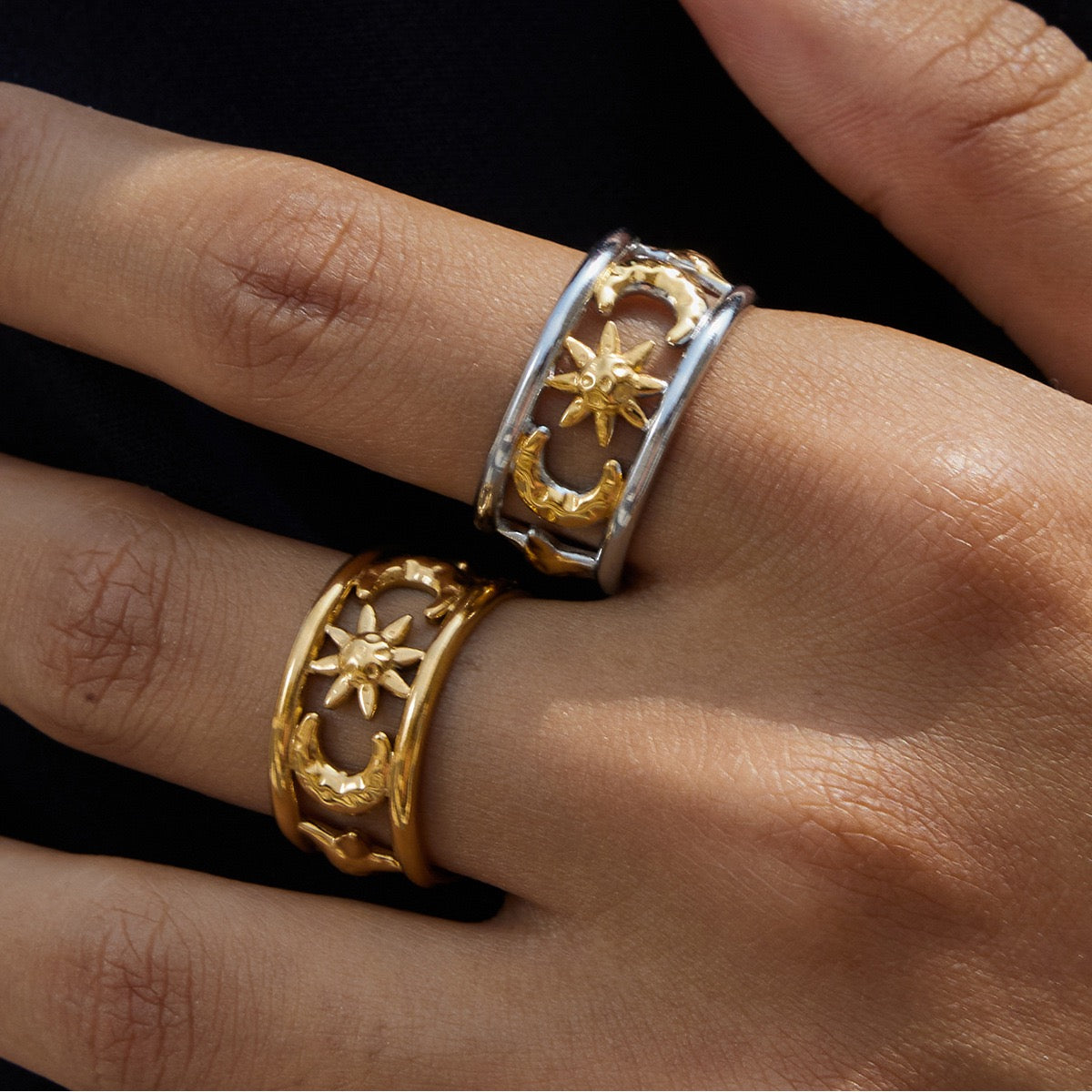 Moon and sun band rings