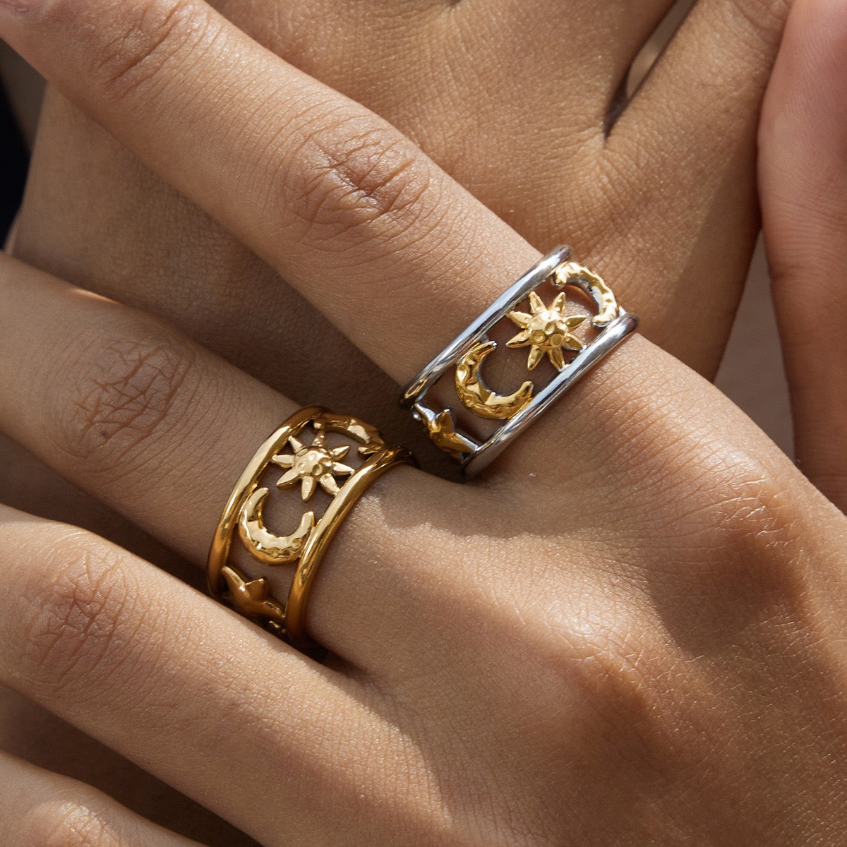 Moon and sun band rings