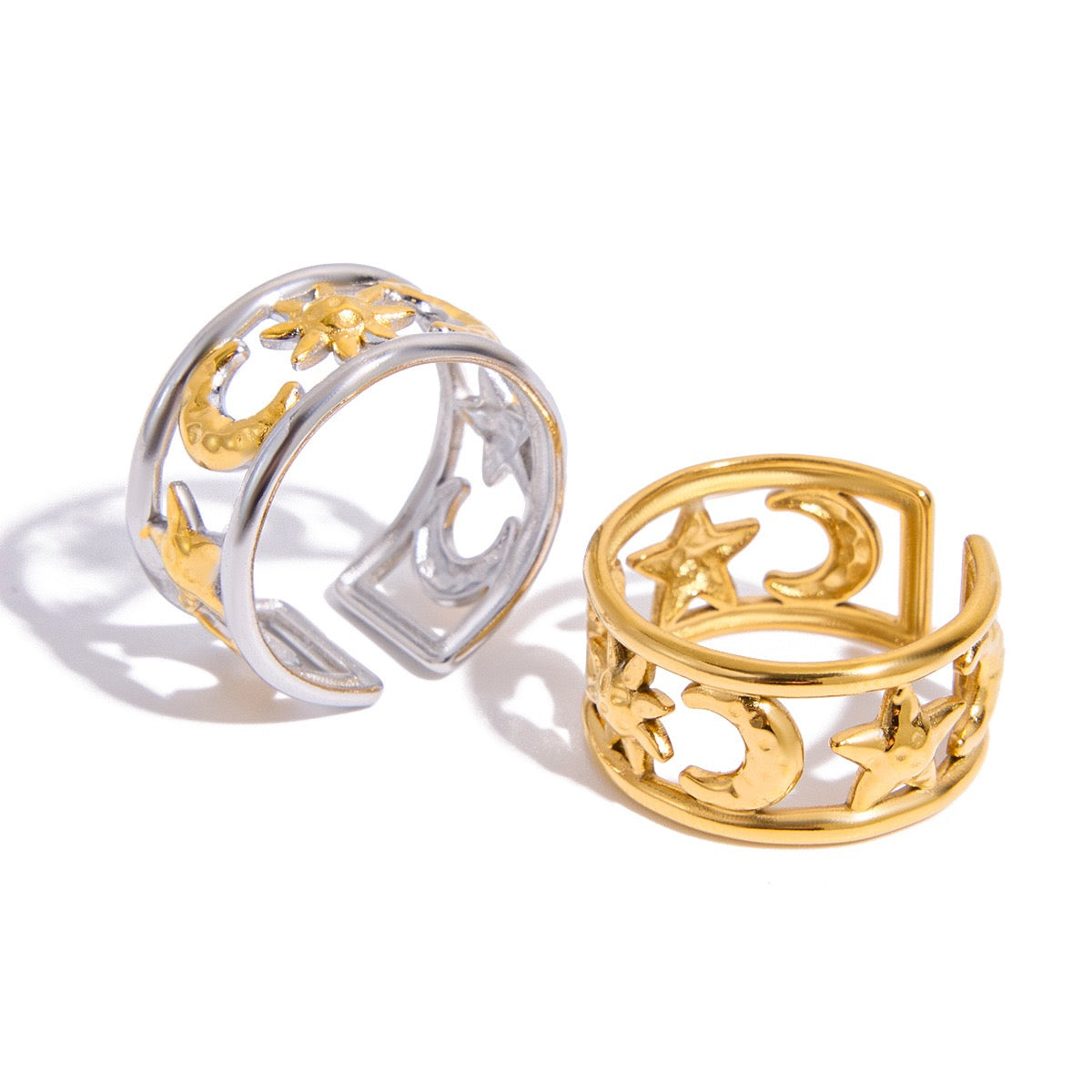 Moon and sun band rings