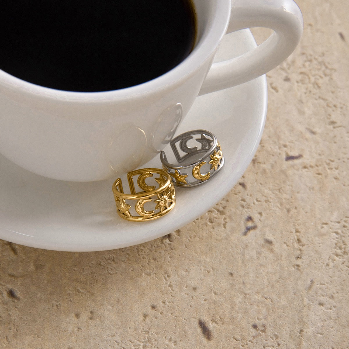 Moon and sun band rings