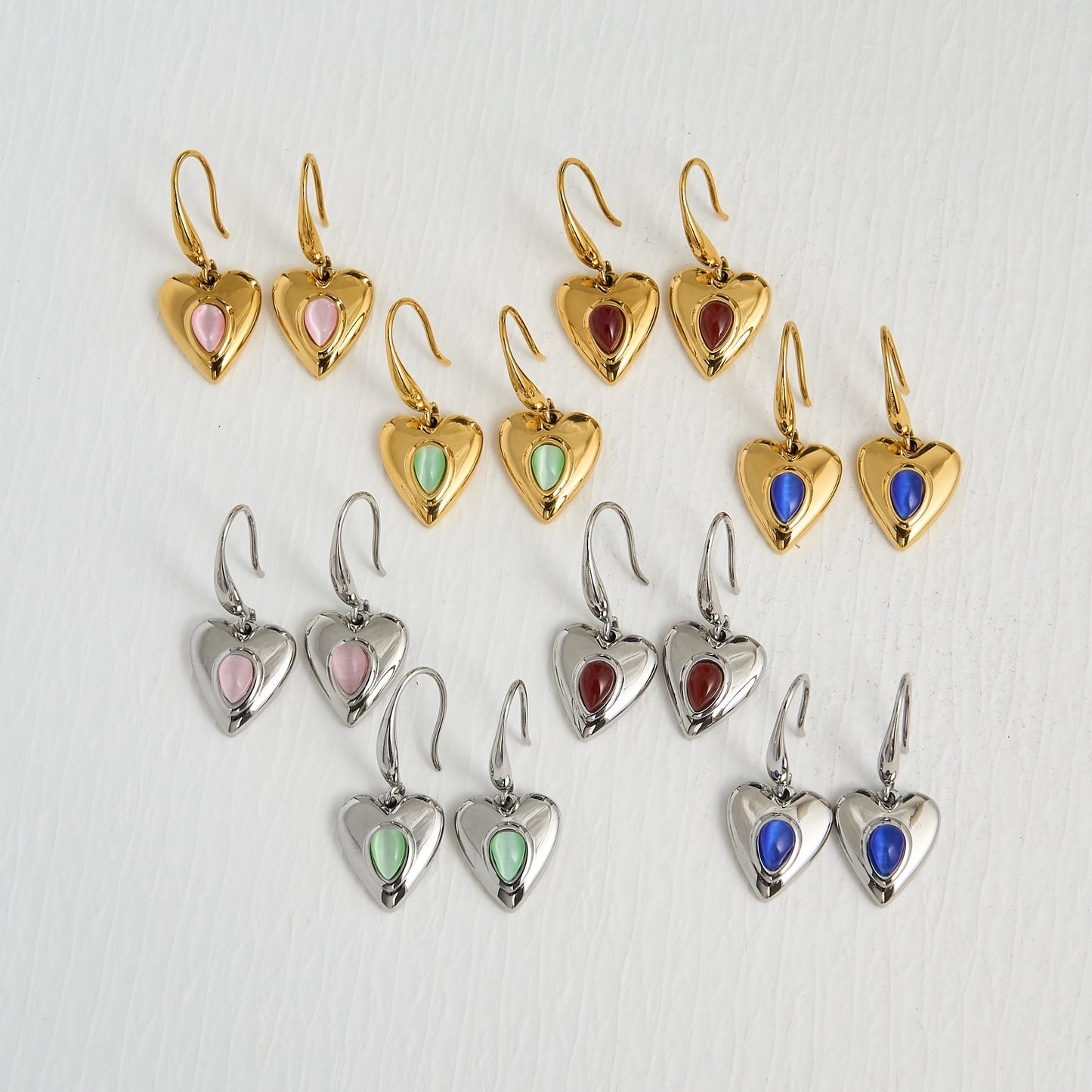 Cat eye stone heart earrings