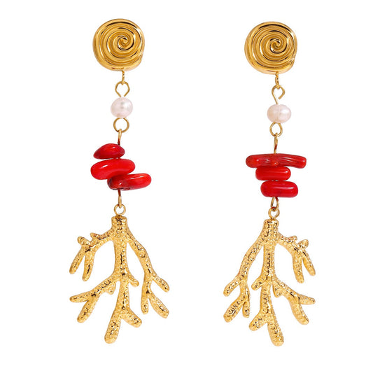 Red stone coral earrings