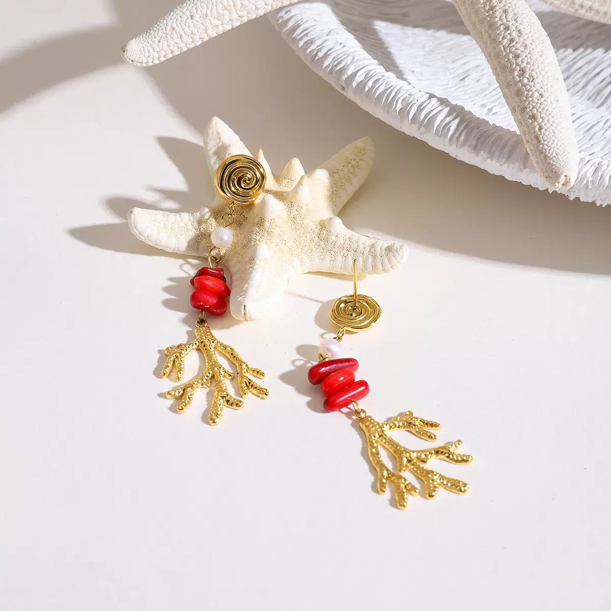 Red stone coral earrings