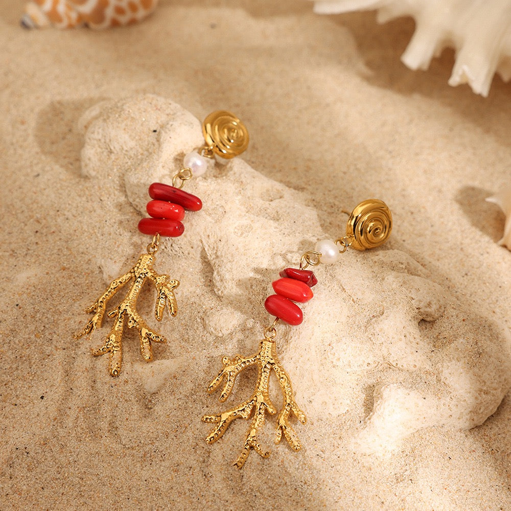 Red stone coral earrings