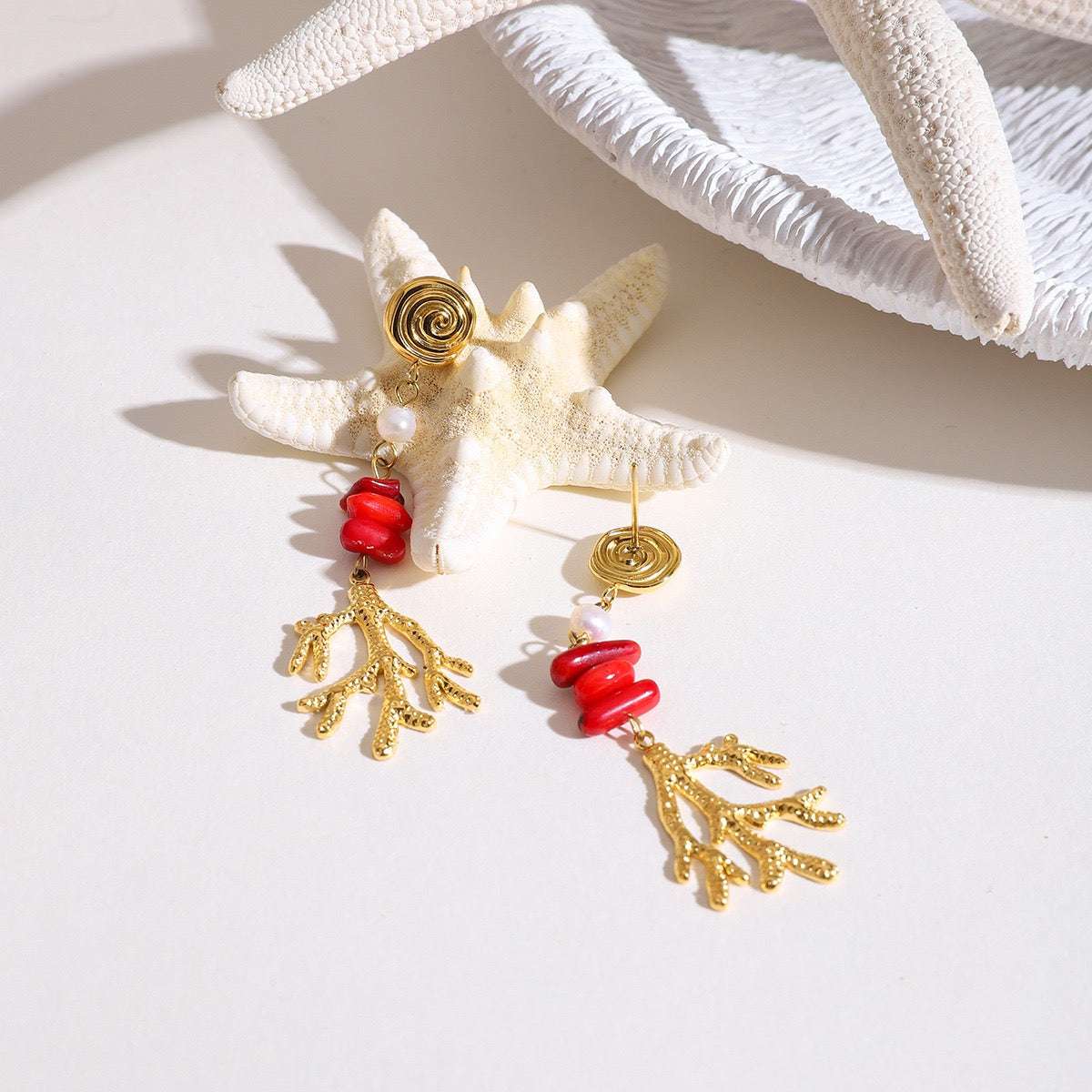 Red stone coral earrings