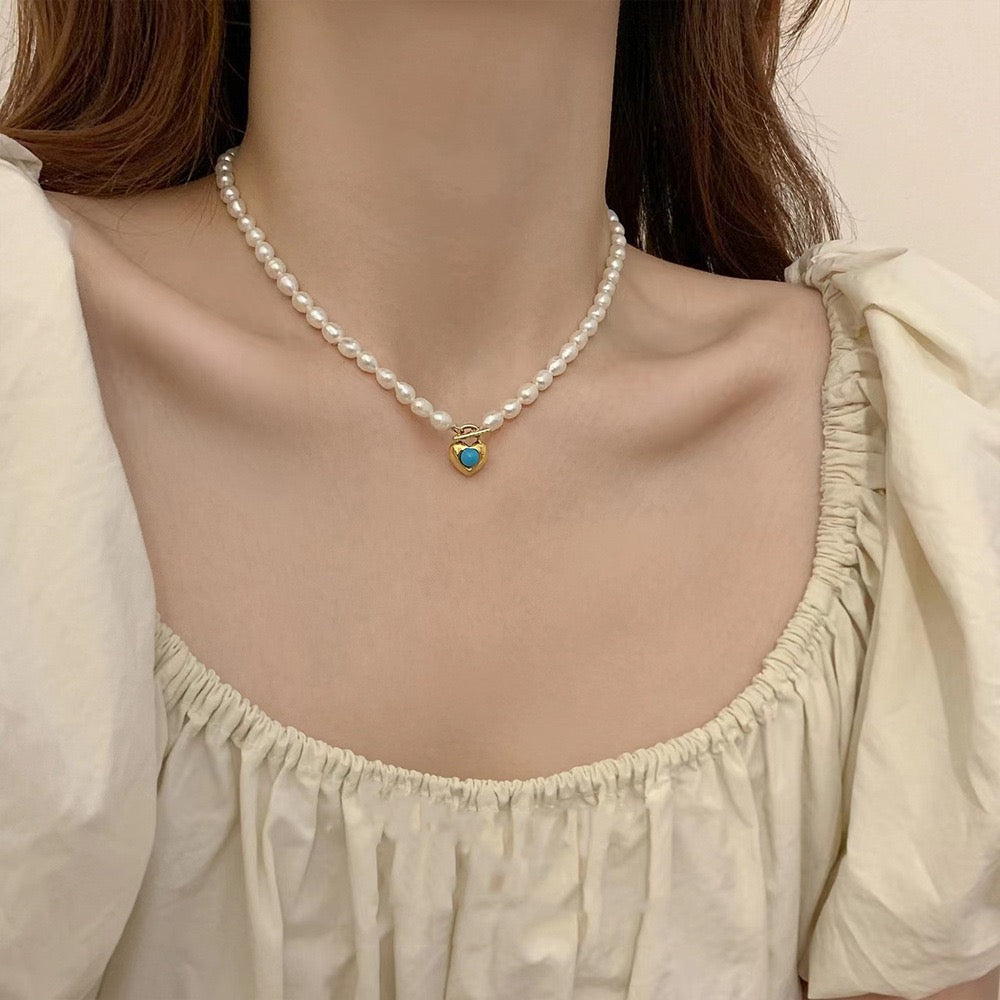 Blue heart lock Pearl necklace