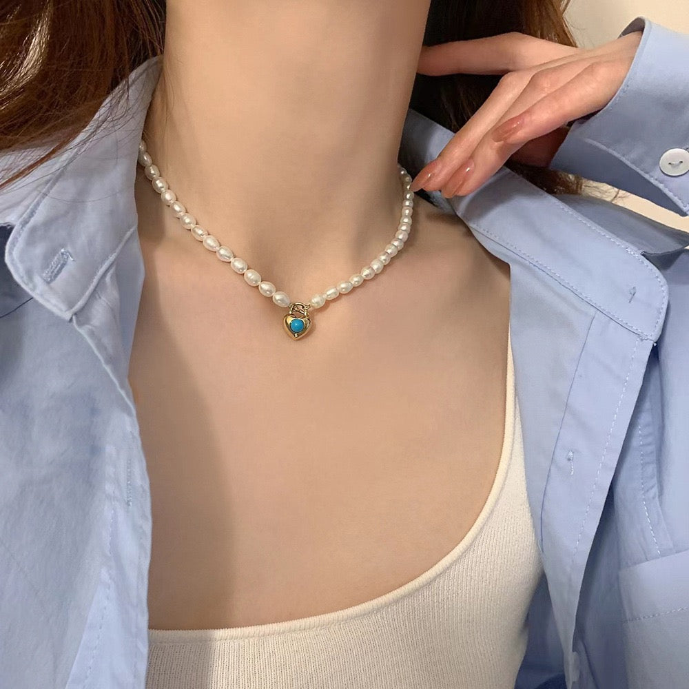 Blue heart lock Pearl necklace