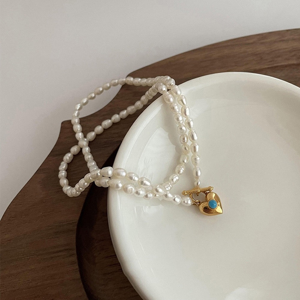 Blue heart lock Pearl necklace