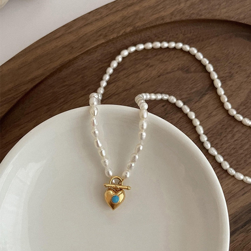 Blue heart lock Pearl necklace
