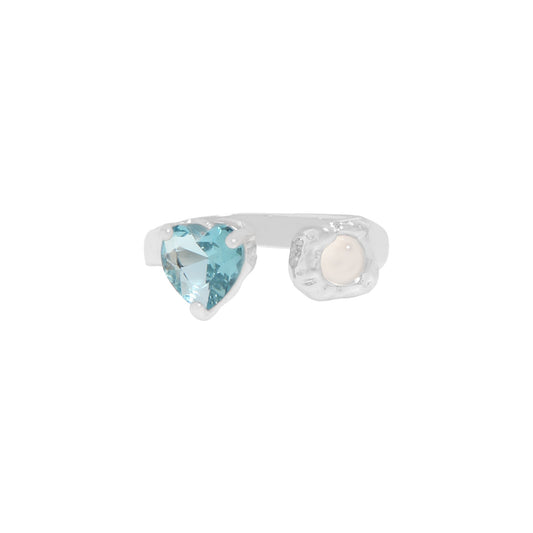 Blue heart open silver ring
