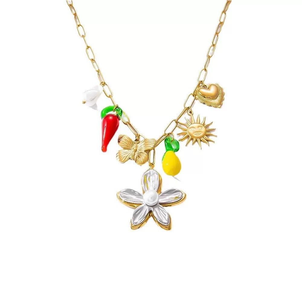 Two tones flower charm necklace