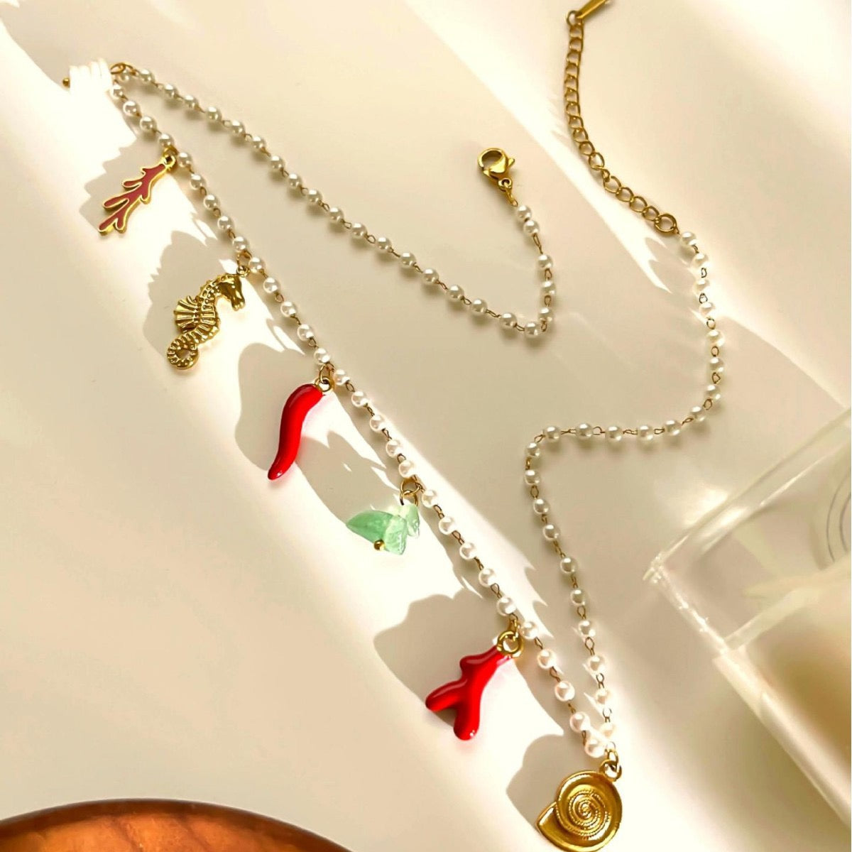 Pearly chilli seahorse charm necklace