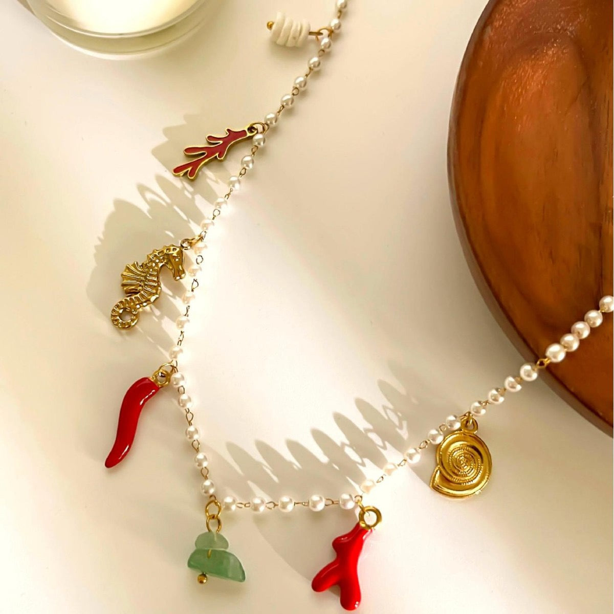 Pearly chilli seahorse charm necklace