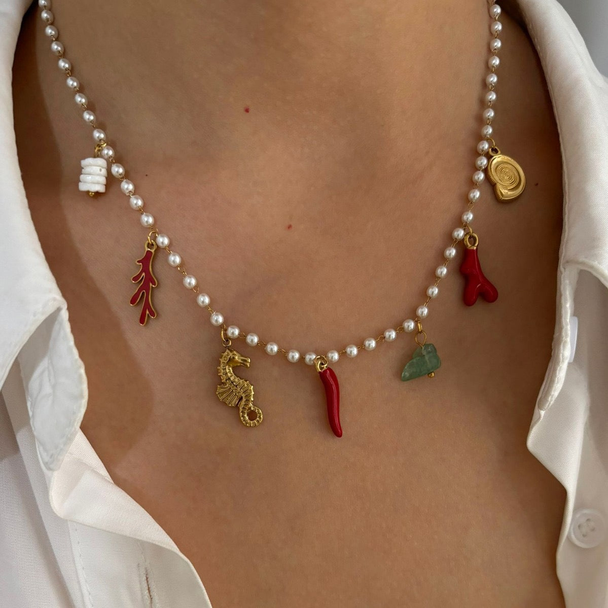 Pearly chilli seahorse charm necklace