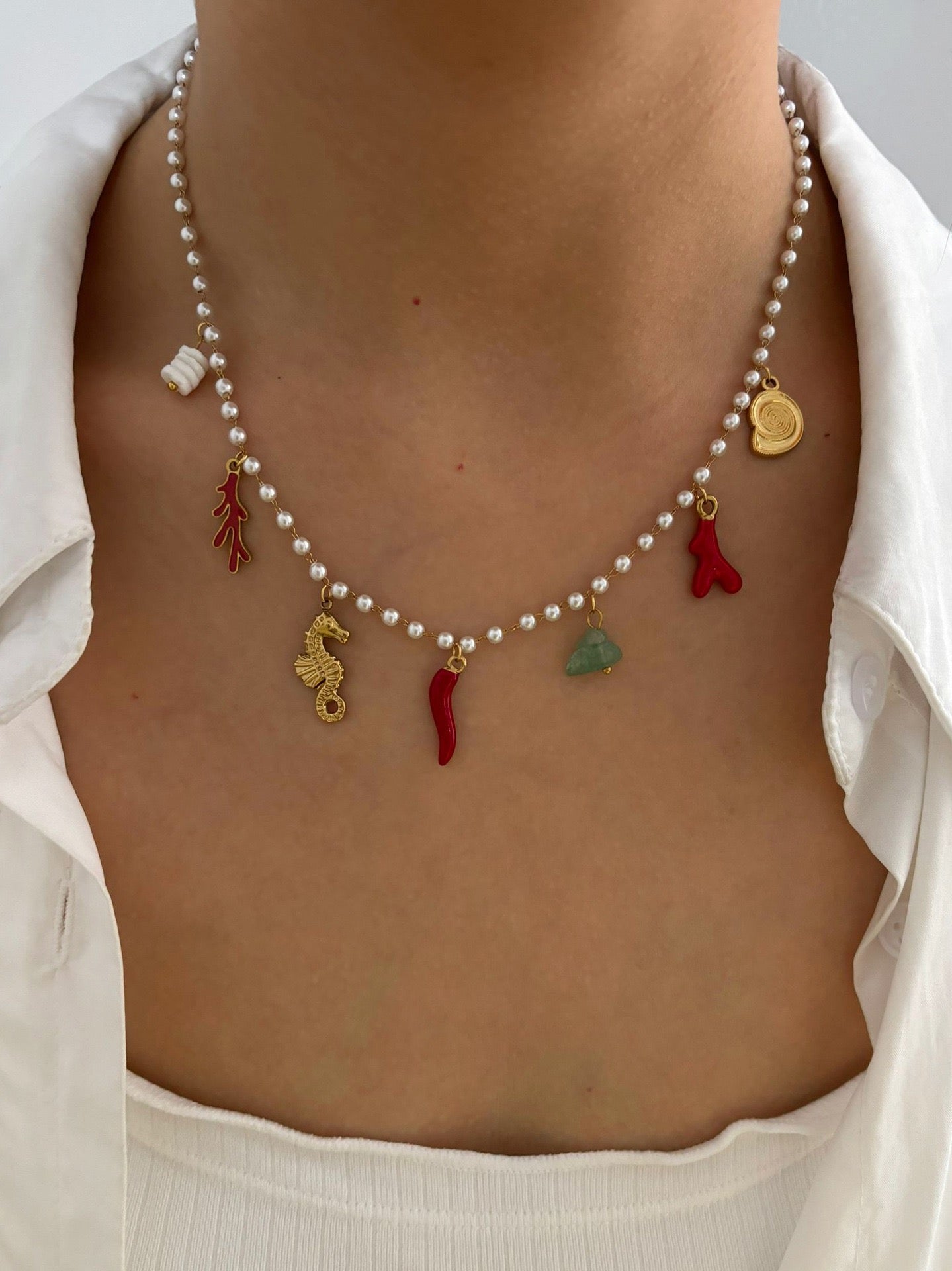 Pearly chilli seahorse charm necklace