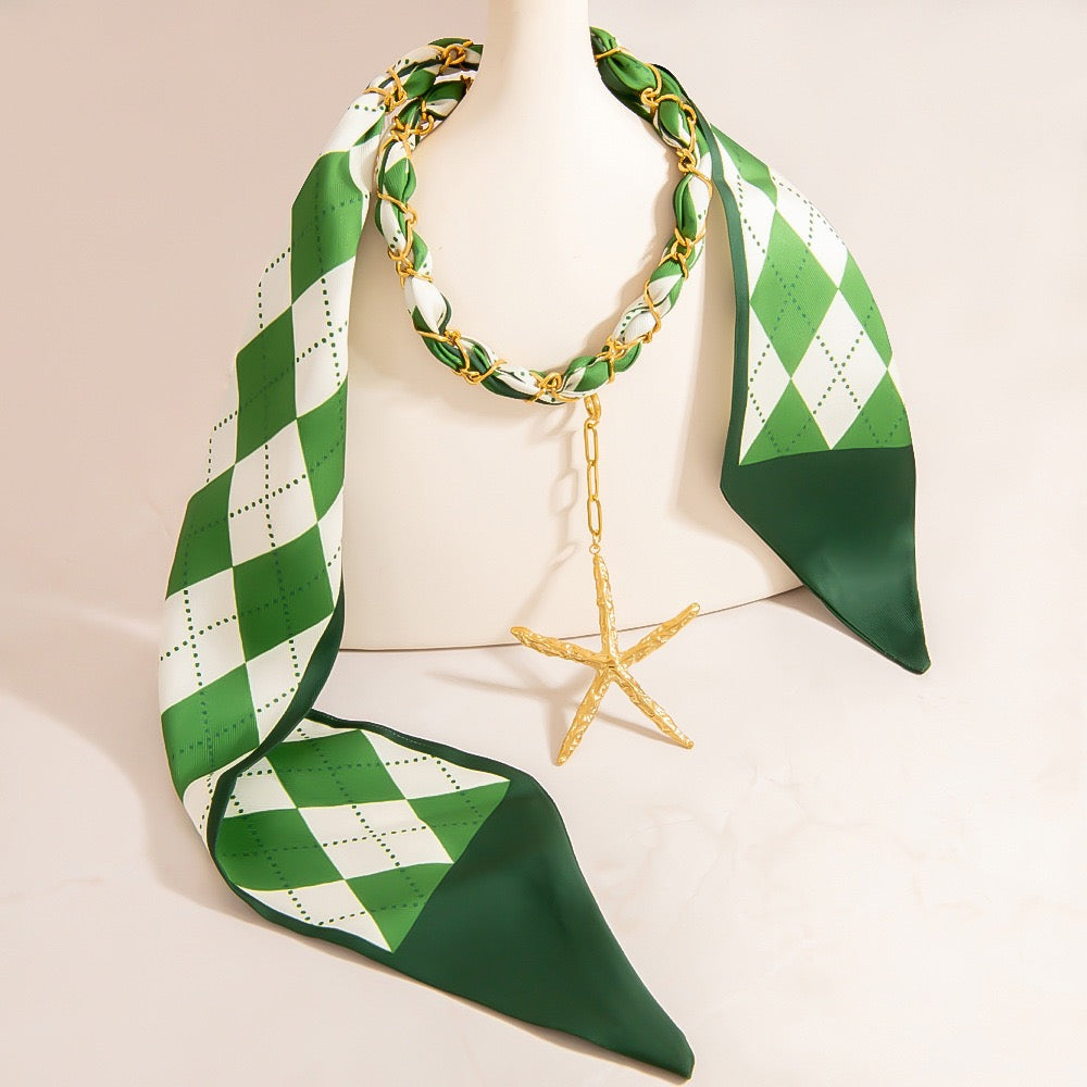 Green scarf starfish charm necklace