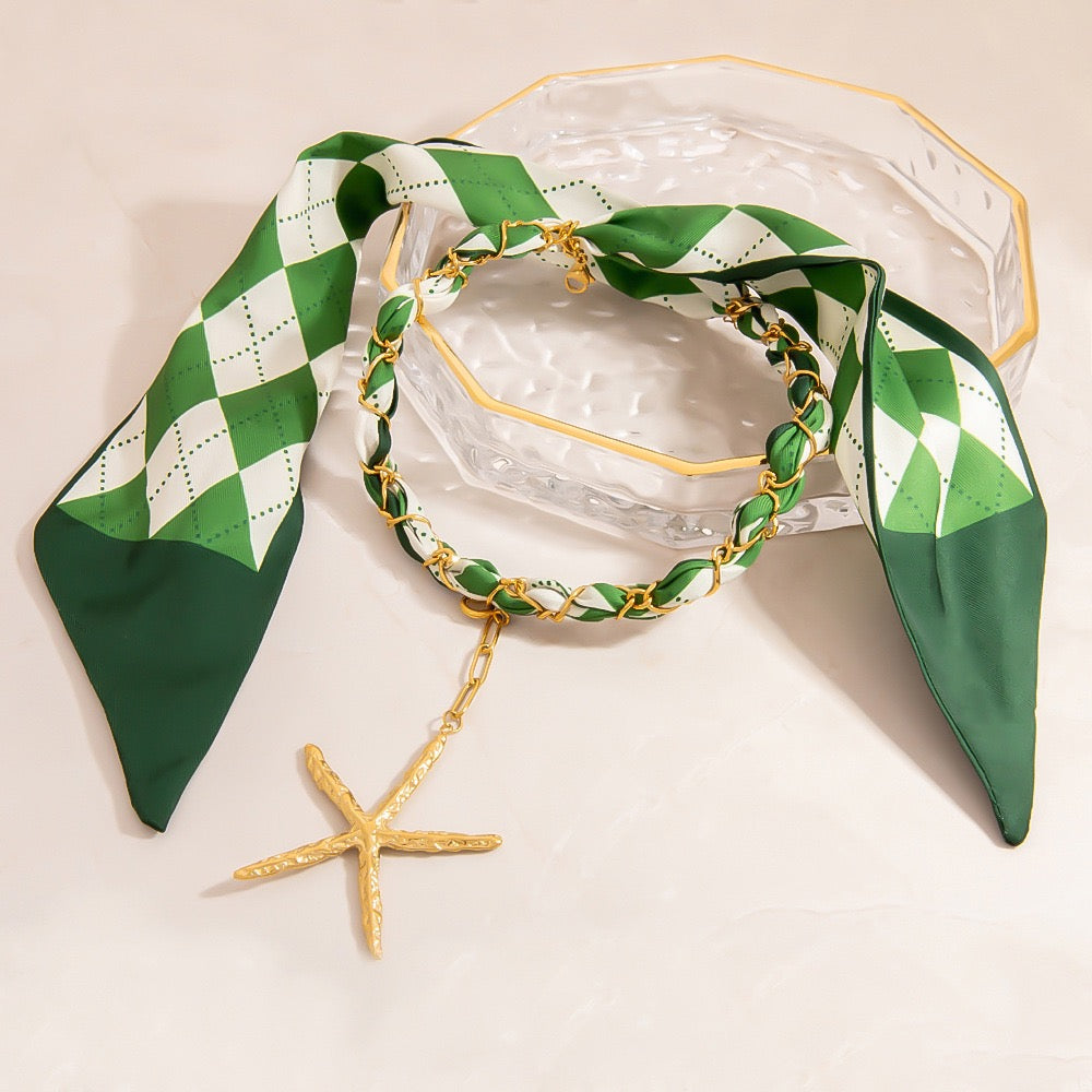 Green scarf starfish charm necklace