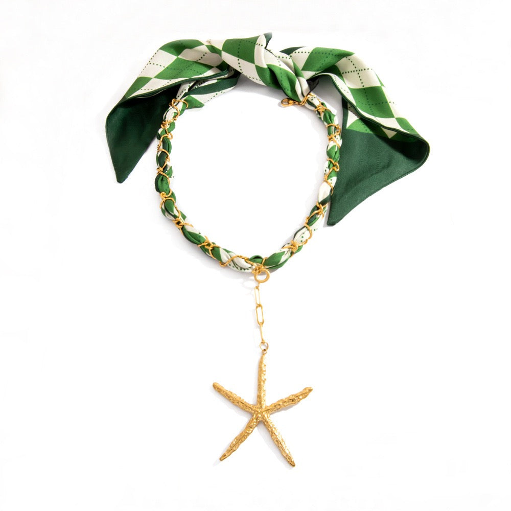Green scarf starfish charm necklace