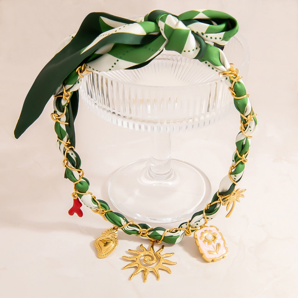 Green scarf sun charm necklace