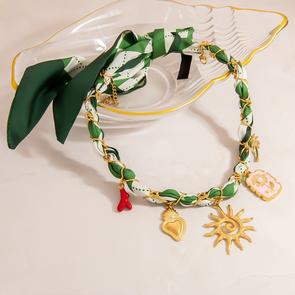 Green scarf sun charm necklace