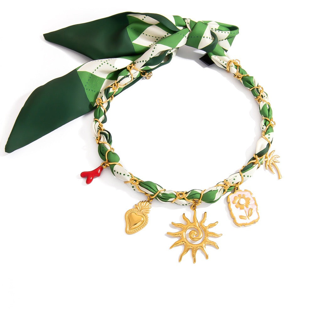 Green scarf sun charm necklace