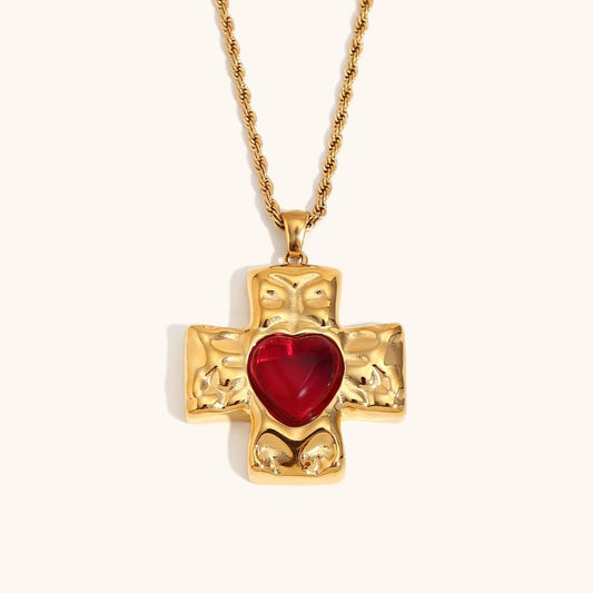 Red heart cross necklace