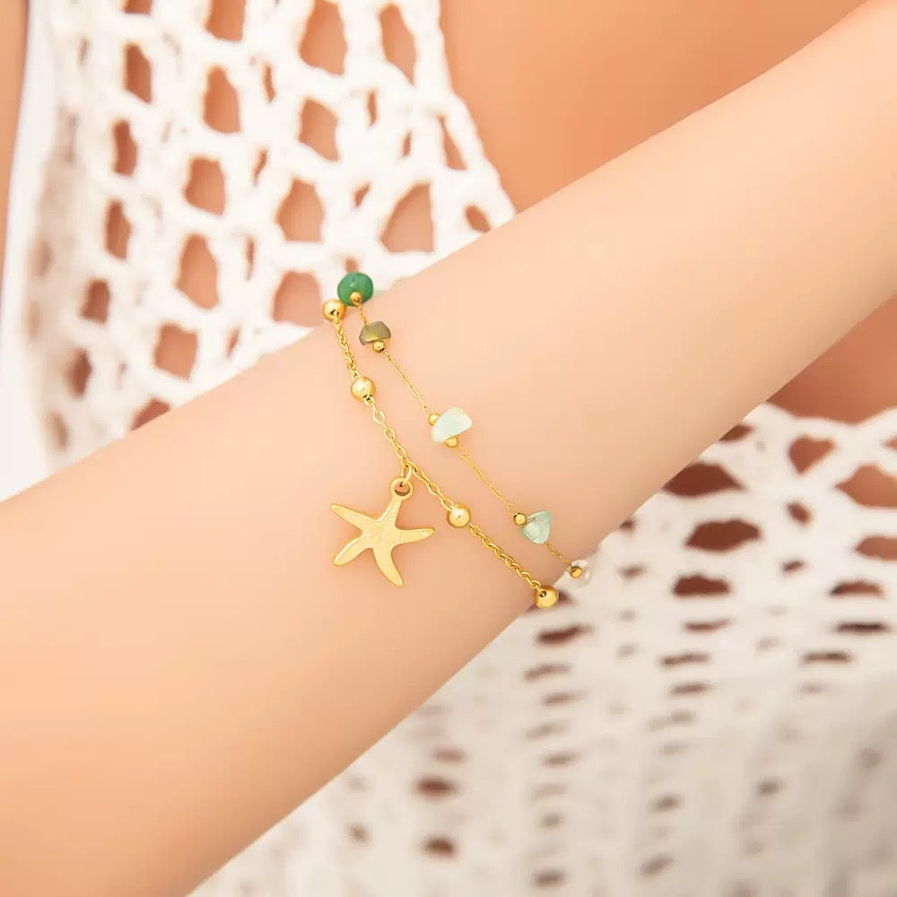 Double layer starfish green bracelet