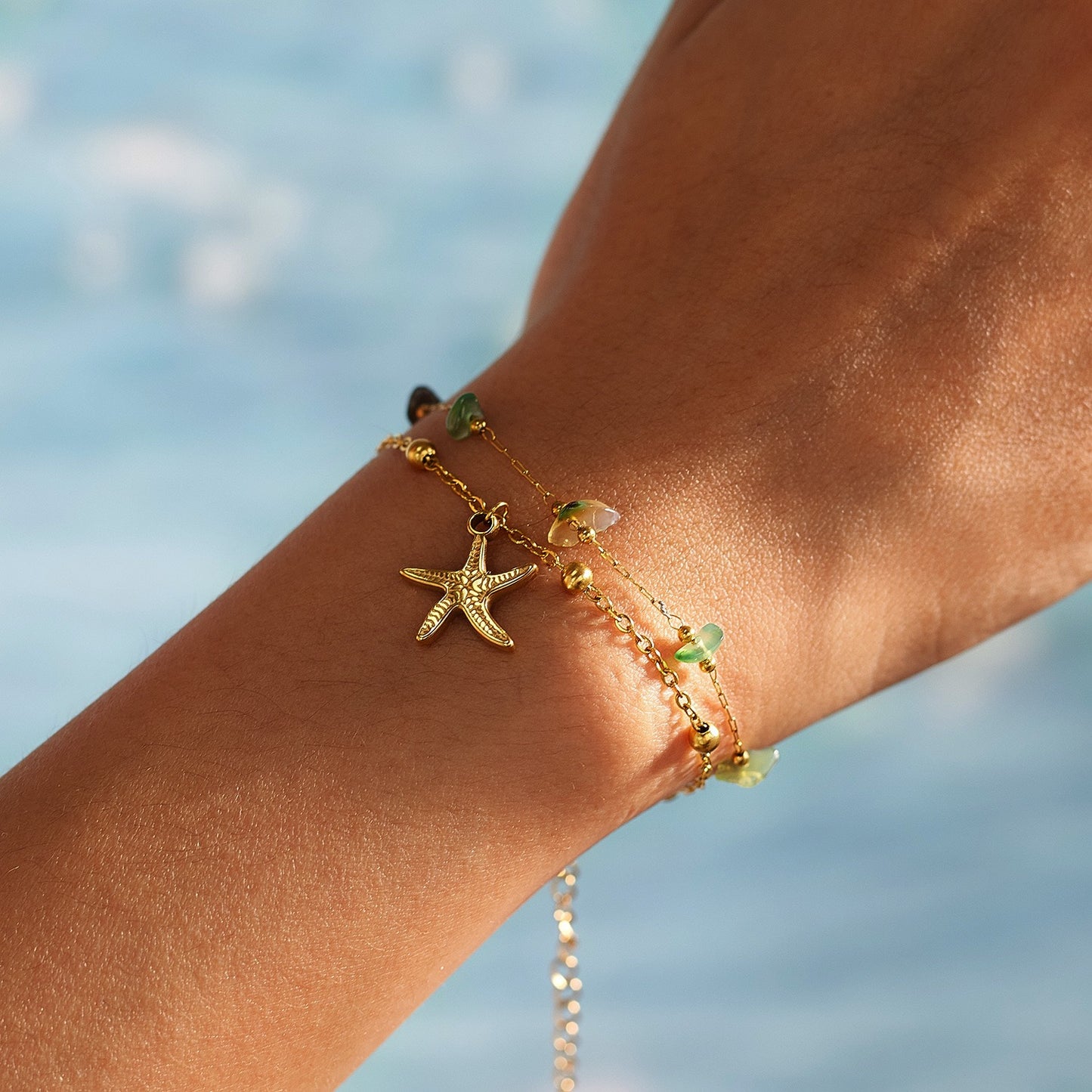 Double layer starfish green bracelet