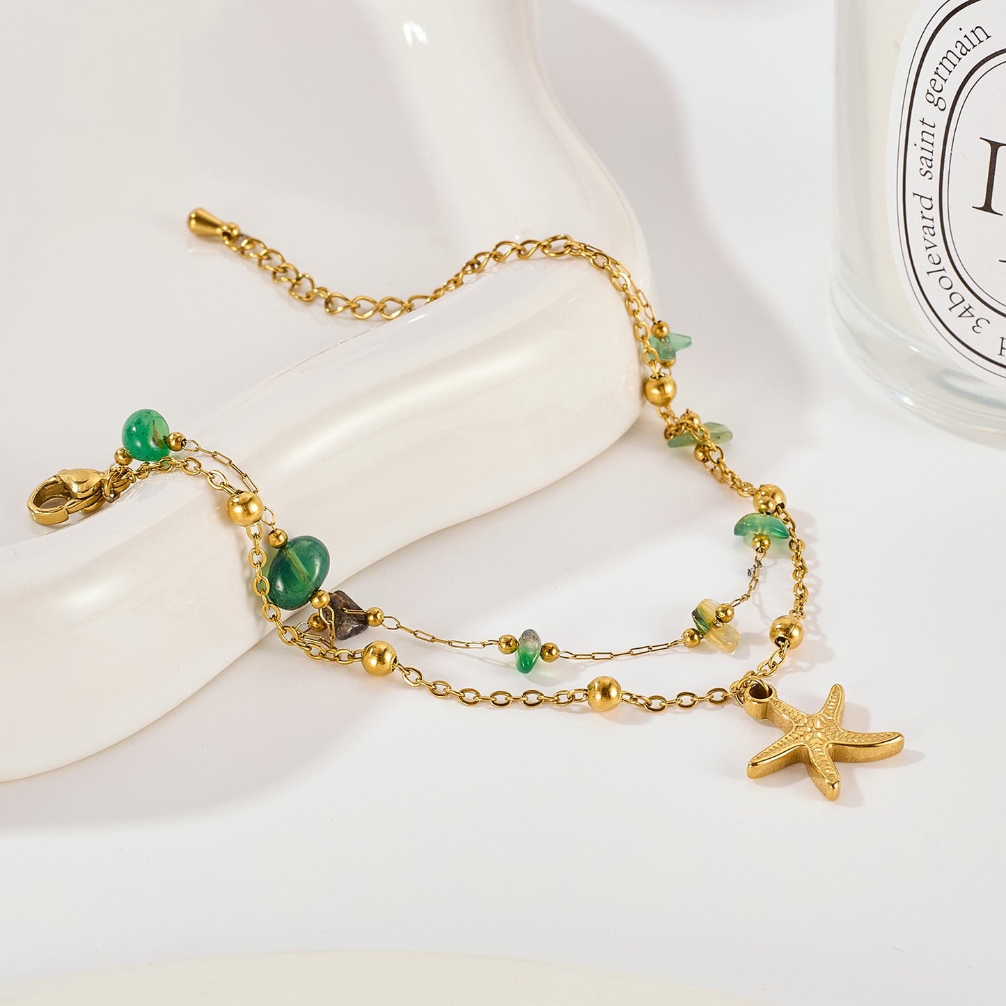 Double layer starfish green bracelet