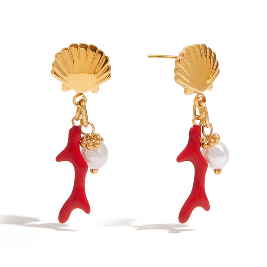 Red coral shell earrings